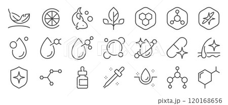 Beauty Benefit dietary supplements icon set. It included contexts such as vitamin, mineral, oil, cosmetic, properties, and more. Editable Vector Stroke. 120168656