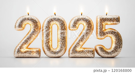 Sparkling New Years candle for 2025 celebration with glittering numbers and festive atmosphere 120168800