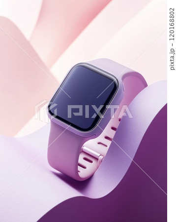 Minimalist close up of smartwatch with blank screen on pastel background Minimalist close up of smartwatch with blank screen on pastel background 120168802