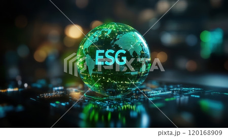 A glowing green globe with the acronym ESG prominently displayed, representing environmental, social, and governance considerations in a technological context. 120168909