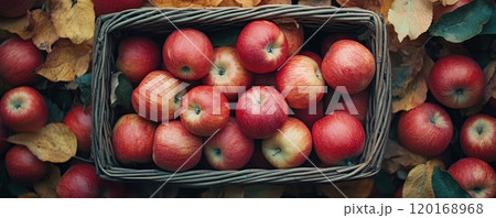 A basket filled with fresh red apples surrounded by autumn leaves, showcasing the beauty of seasonal harvest and the vibrant colors of nature's bounty. 120168968