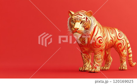 A majestic tiger with intricate golden patterns stands proudly against a vibrant red background, showcasing its strength and beauty in a mesmerizing display of artistry. A majestic tiger with intricate golden patterns stands proudly against a vibrant red background, showcasing its strength and beauty in a mesmerizing display of artistry. 120169025