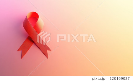 A red awareness ribbon symbolizing support for various social issues and causes, set against a soft gradient background. 120169027