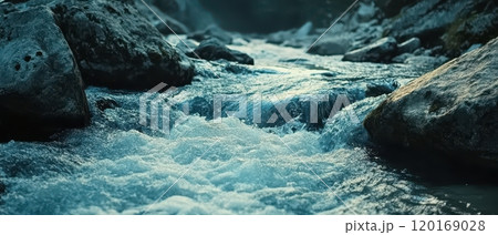 A scenic view of a flowing river, surrounded by rocks, captured in soft sunlight. The clear water reflects twilight hues, creating a tranquil natural landscape. A scenic view of a flowing river, surrounded by rocks, captured in soft sunlight. The clear water reflects twilight hues, creating a tranquil natural landscape. 120169028