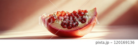 A close-up of a sliced pomegranate revealing vibrant red seeds, set against a soft, illuminated background. The natural light enhances the texture and color of the fruit. 120169136