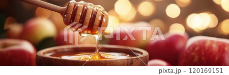 A jar of honey dripping from a wooden dipper, surrounded by fresh red apples. The background is softly blurred, creating a warm and inviting atmosphere. A jar of honey dripping from a wooden dipper, surrounded by fresh red apples. The background is softly blurred, creating a warm and inviting atmosphere. 120169151