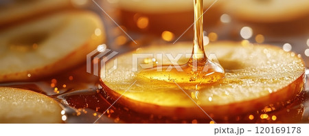 Delicious apple slices drizzled with golden honey, creating a tempting and sweet composition, ideal for food photography or culinary presentations. 120169178