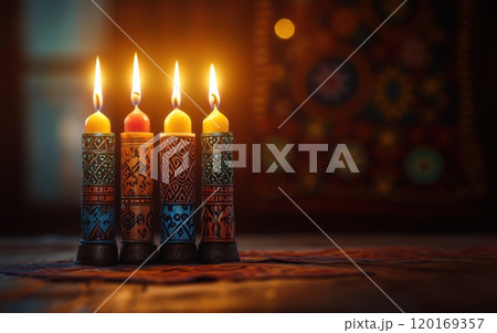A serene display of four beautifully decorated candles glowing warmly, casting soft light in a tranquil setting, ideal for creating a peaceful ambiance. A serene display of four beautifully decorated candles glowing warmly, casting soft light in a tranquil setting, ideal for creating a peaceful ambiance. 120169357
