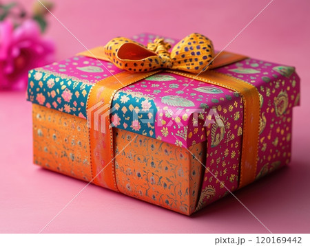 Colorful gift box wrapped in vibrant paper with a decorative bow, set against a pink background, perfect for celebrations and special occasions. 120169442