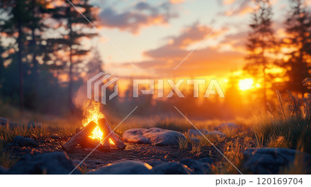 夕焼けのキャンプ場と焚き火 120169704