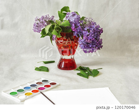Red vase with lilac flowers and watercolors. Lilac flowers in a red vase and watercolor paint 120170046