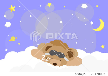 星空と雲の上で眠っているクマのぬいぐるみのイラスト1の背景イラスト 青 横 120170093