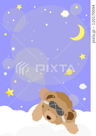 星空と雲の上で眠っているクマのぬいぐるみのイラスト2の背景イラスト 青 縦 120170094
