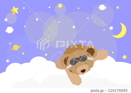 星空と雲の上で眠っているクマのぬいぐるみのイラスト2の背景イラスト 青 横 120170095