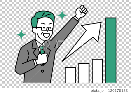 A middle-aged man in a suit is happy with a growing graph and a fist pump A middle-aged man in a suit is happy with a growing graph and a fist pump 120170188