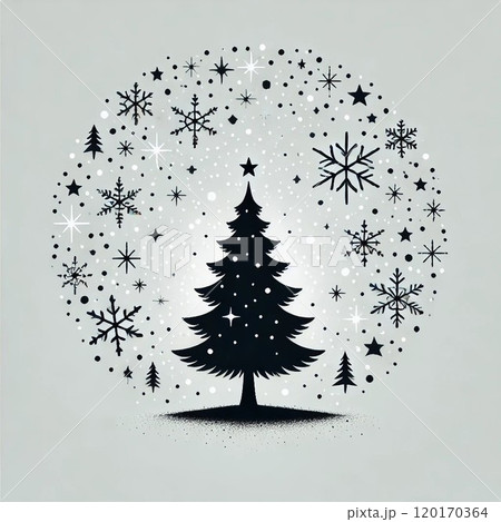 クリスマスツリーのシルエットと、ツリーの周りに星と雪が舞うシンプルなイラスト 120170364