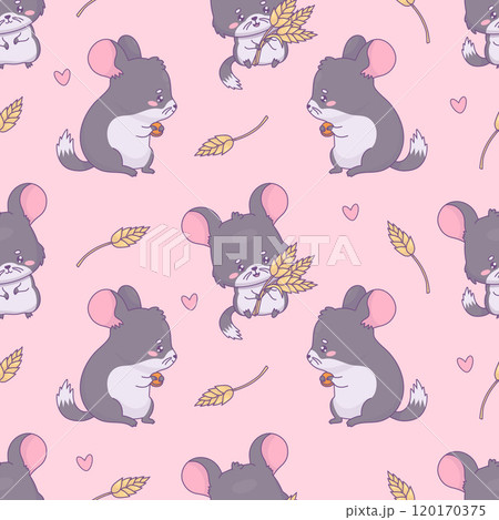 Seamless pattern with cute chinchilla on pink background with spikelets. Funny cartoon kawaii animal rodent character. Vector illustration. Kids collection 120170375