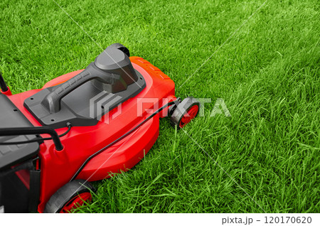 An electric red and black lawnmower mows green grass. Work near your home in the garden. 120170620