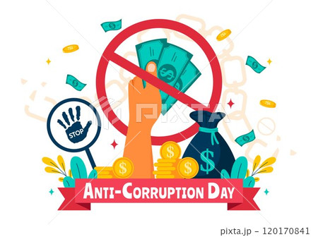 Anti Corruption Day Vector Illustration Featuring a Stop Giving Money Message with Dollar Coins, Prohibition Sign, and Chains in a Flat Background 120170841