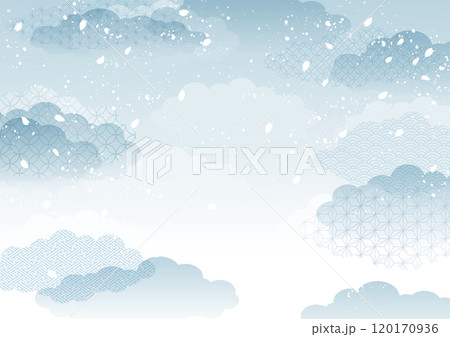 グレイッシュな青の雲と舞い散る桜吹雪の和風背景ベクターイラスト　A4サイズ横 120170936