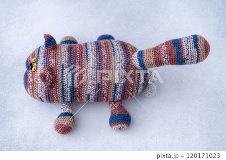 Crocheted toy cat. Melange thread. Hobby: knitting. Funny animal. Crocheted toy cat. Melange thread. Hobby: knitting. Funny animal. 120171023