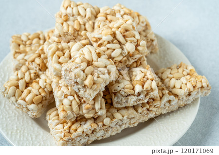 Sweet puffed rice. Food dessert crispy cracker with sugar 120171069