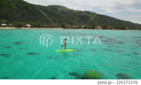 Experience the thrill of stand up paddle boarding in tropical waters. Embrace adventure and freedom in a stunning aerial view. Connect with nature and create unforgettable memories 120171278