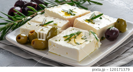 Feta Cheese and Olive Platter on a white quartz background, Mediterranean flavors on display, Simple and elegant presentation 120171379