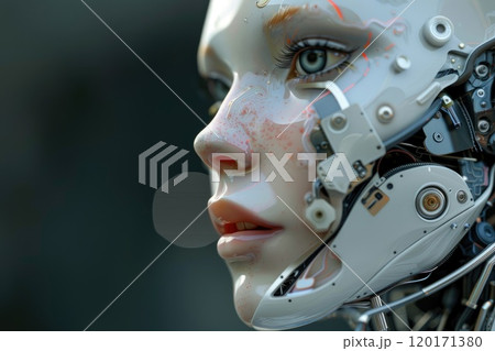 Android with liquid and chrome skin, with feminine features, one cheek is open showing the inside of her mechanism 120171380