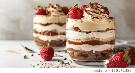 English trifle dessert in elegant glassware, white background, Luxurious presentation with layers of double cream, custard, strawberries, cake slices on the bottom 120171383