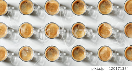 Minimalist studio shot showcasing an array of elegant coffee cups arranged in a symmetrical pattern on a sleek white surface 120171384