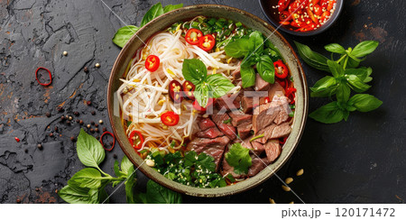 Top view of a colorful plate of Vietnamese pho, with rice noodles, beef slices, bean sprouts, and fresh herbs, on a dark background. Top view of a colorful plate of Vietnamese pho, with rice noodles, beef slices, bean sprouts, and fresh herbs, on a dark background. 120171472