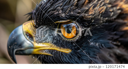 Close-up of a regal bald eagle's eye, capturing its piercing gaze and strength. Close-up of a regal bald eagle's eye, capturing its piercing gaze and strength. 120171474