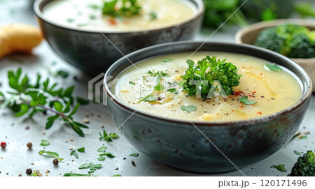 Traditional German potato soup served in a ceramic bowl, garnished with greens. 120171496