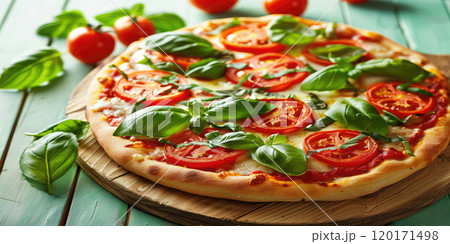 Pizza served on rustic wooden blue table, Warm and cozy cafe background, Authentic Italian atmosphere, Vibrant colors and fresh ingredients 120171498