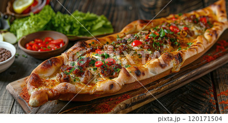 Pide on a wooden board, Boat-shaped Turkish...のイラスト素材 [120171504] - PIXTA