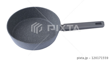 New granite frying pan isolated on white background, top view. Empty fry pan with handle. New granite frying pan isolated on white background, top view. Empty fry pan with handle. 120171559