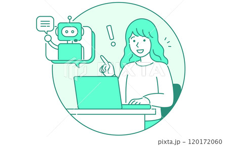 人工知能のAIロボットとチャットボット対話するパソコンを使う女性・シンプルでポップなベクターイラスト 120172060
