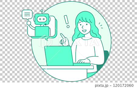 A woman using a computer to talk to an artificial intelligence AI robot and chatbot - simple and pop vector illustration 120172060