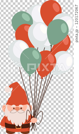 Cute Christmas gnome illustration with holiday balloons in festive colors 120172067