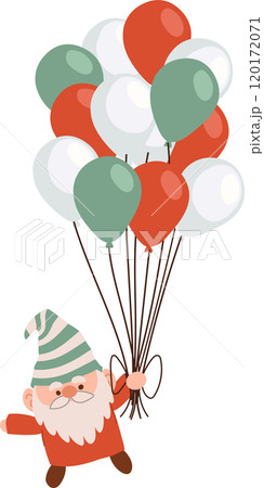 Christmas gnome in holiday colors holding a festive balloon bunch. Christmas gnome in holiday colors holding a festive balloon bunch. 120172071