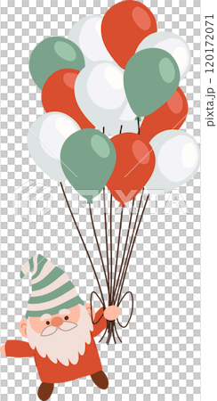 Christmas gnome in holiday colors holding a festive balloon bunch. 120172071