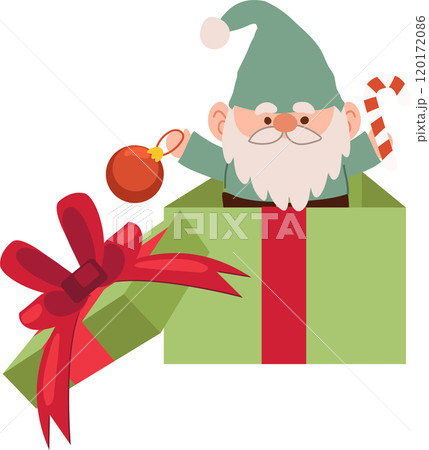 Adorable cartoon of a Christmas gnome popping out of a gift box, perfect for holiday decor, greeting cards, and festive projects 120172086