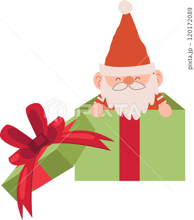 Adorable cartoon of a Christmas gnome popping out of a gift box, perfect for holiday decor, greeting cards, and festive projects 120172089