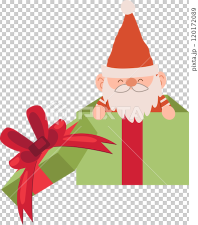 Adorable cartoon of a Christmas gnome popping out of a gift box, perfect for holiday decor, greeting cards, and festive projects 120172089