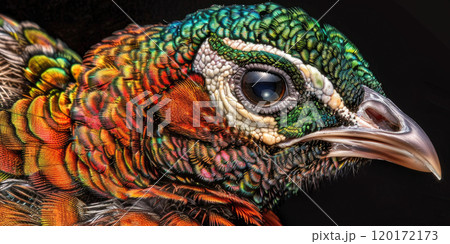 Macro photograph of a vibrant peacock displaying its iridescent plumage, showcasing its striking colors and intricate details. 120172173