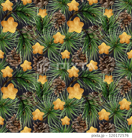 Pine, fir tree, spruce branches cones, gold star baubles. Watercolor hand drawn illustration, seamless pattern isolated on dark. Xmas, happy new year festive, noel navidad holiday. Paper, textile 120172576