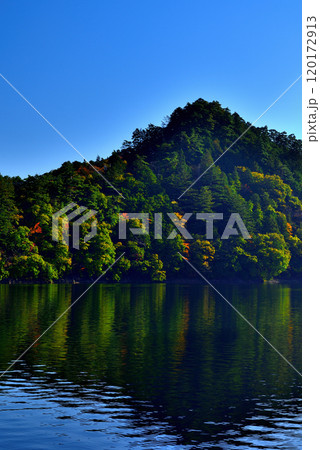 紅葉の奥多摩湖 麦山浮橋 ドラム缶橋からの風景 120172913