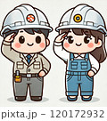 ヘルメットをかぶって敬礼している男性と女性 120172932