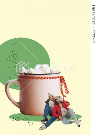 Warm holiday scene with couple sitting beside large mug of hot chocolate topped with marshmallows, capturing coziness of Christmas. Contemporary art collage. 120172961